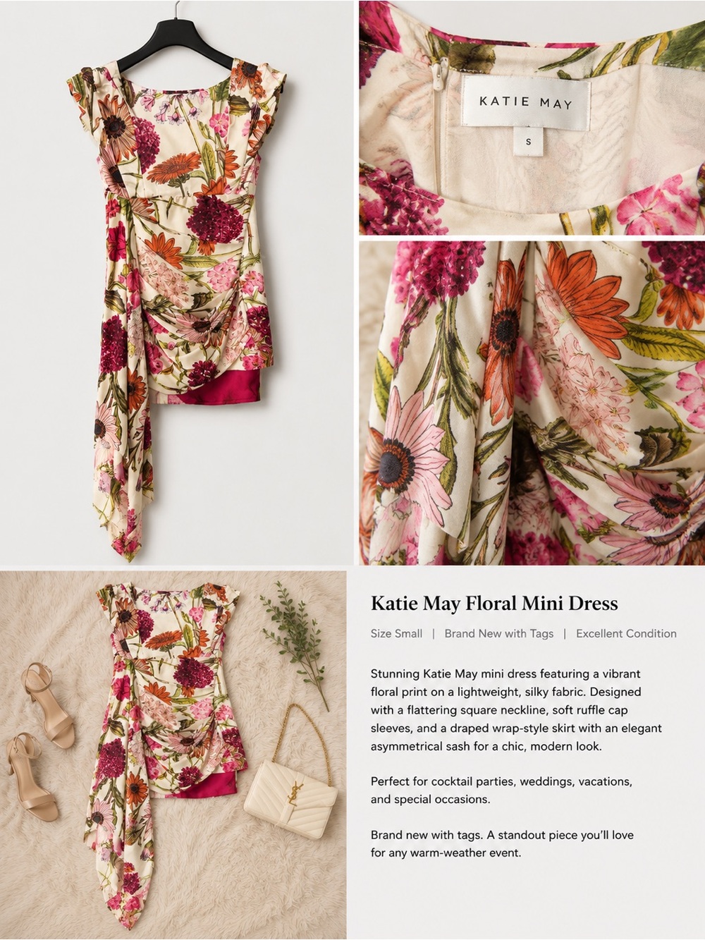 Katie May Cream Floral Wrap Mini Dress with Pink & Green Blooms